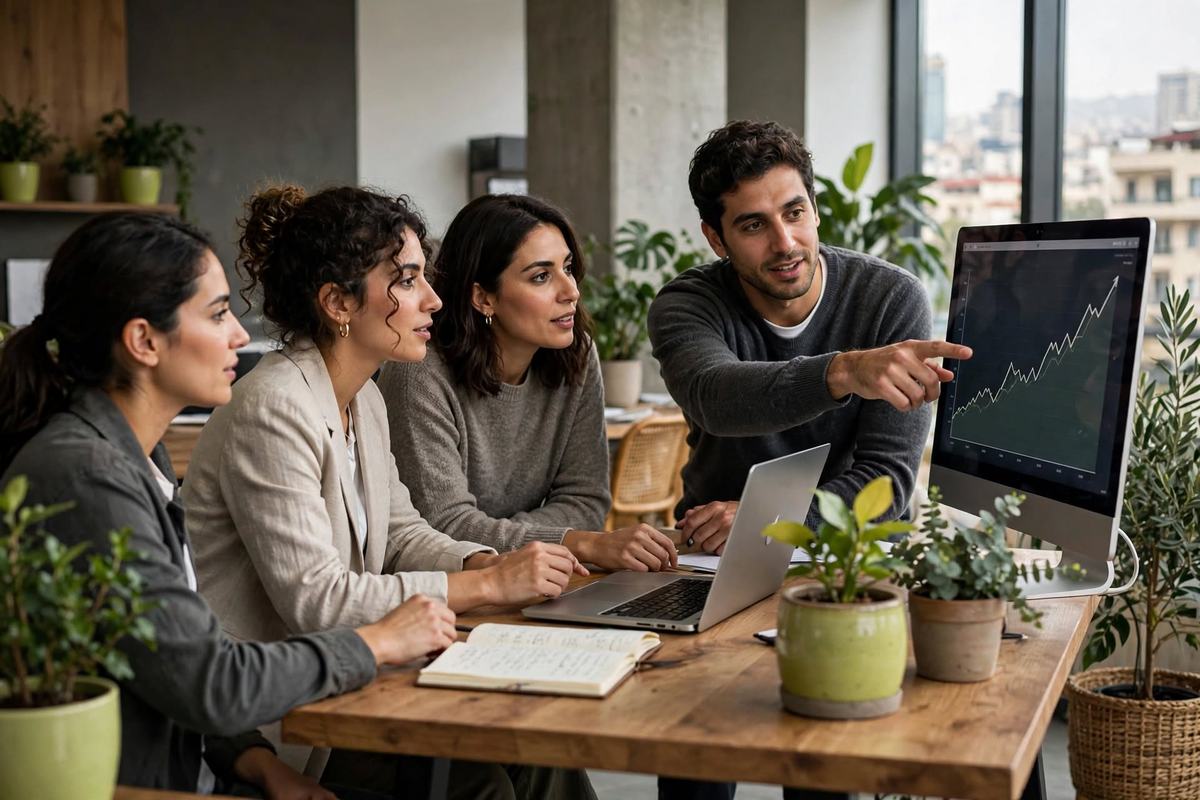 A startup team reviewing growth on a screen