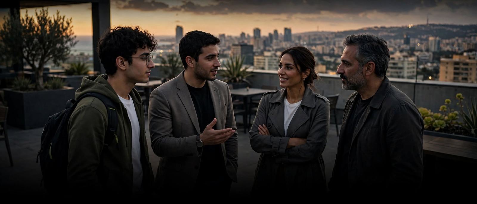 Founders talking on a Beirut rooftop at golden hour